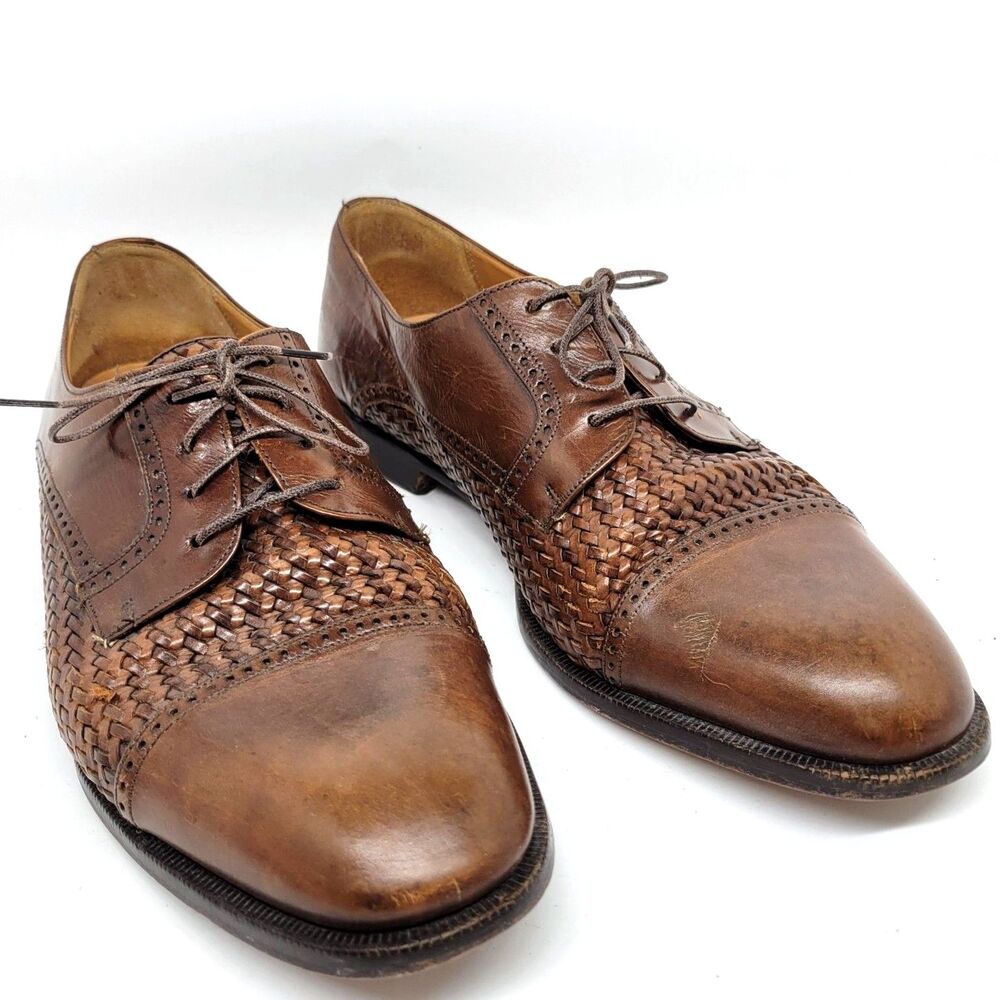 Peter Huber Mens Brown Leather Woven Cap Toe Derbys Size US 10 M Made In Spain